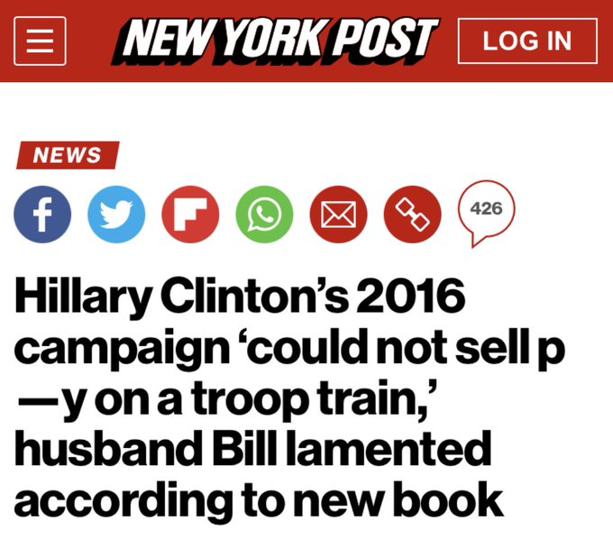 judymorris3's tweet photo. #HillaryClinton’s 2016 campaign ‘could not sell p—y on a troop train,’ husband Bill lamented according to new book
LOL!! The #ClintonCampaign was arrogance on steroids. It never dawned on them that We the People could possibly reject her! Folks just didn't like or believe her.
https://t.co/uGABu9zFdU