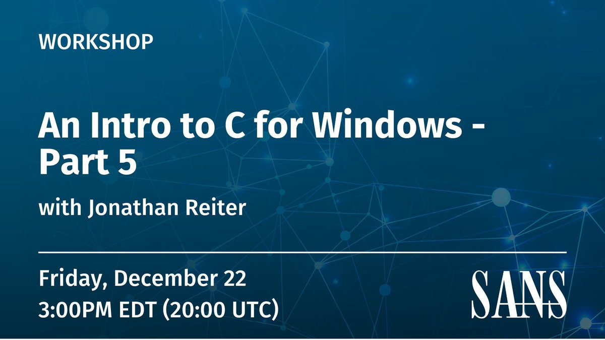 Jonathan (@jon__reiter) on Twitter photo After a little break, it’s time to get back to the <a href="/SANSOffensive/">SANS Offensive Operations</a> Intro to C workshops! 😁 
Always free. Always recorded. 
Register online when you have a chance. After a little break, it’s time to get back to the <a href="/SANSOffensive/">SANS Offensive Operations</a> Intro to C workshops! 😁 
Always free. Always recorded. 
Register online when you have a chance.
