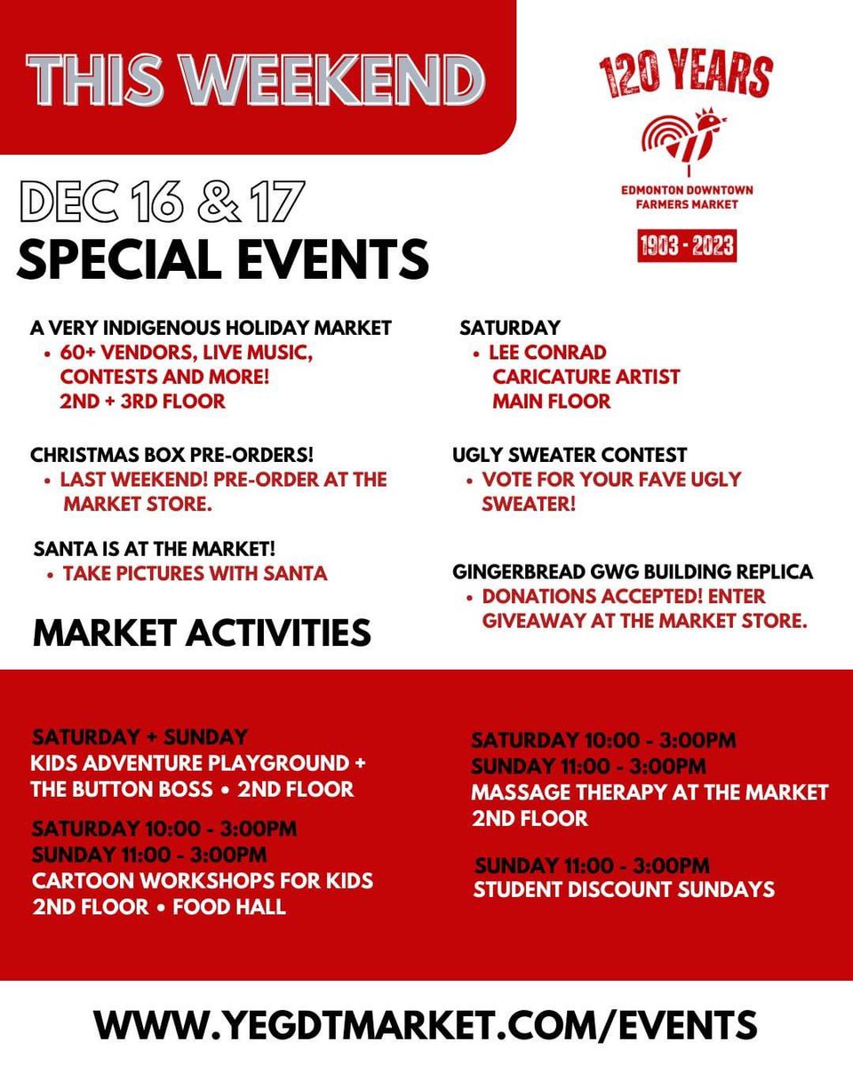 This weekend!

The I A M  - Indigenous Artist Market Collective Holiday Market takeover - 2 floors! Holiday festivities throughout the weekend, including Santa visits, Xmas Box pre-orders, an Ugly Sweater Contest, a Gingerbread GWG Building Giveaway, and more!
#yegdt #yegfood