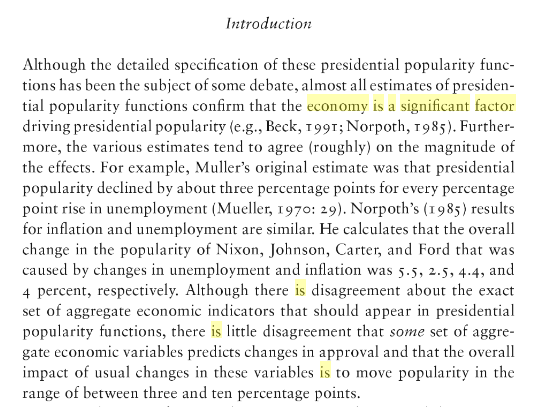 fredzhangwrites's tweet photo. @DsrPrivate searching google scholar, it seems inflation also matters.  though i always thought unemployment was the bigger factor because it lead to a lot of concentrated disgruntled people 

From Google Scholar "The Economic Vote" by Duch &amp; Stevenson: https://t.co/ArLhHfE5dP