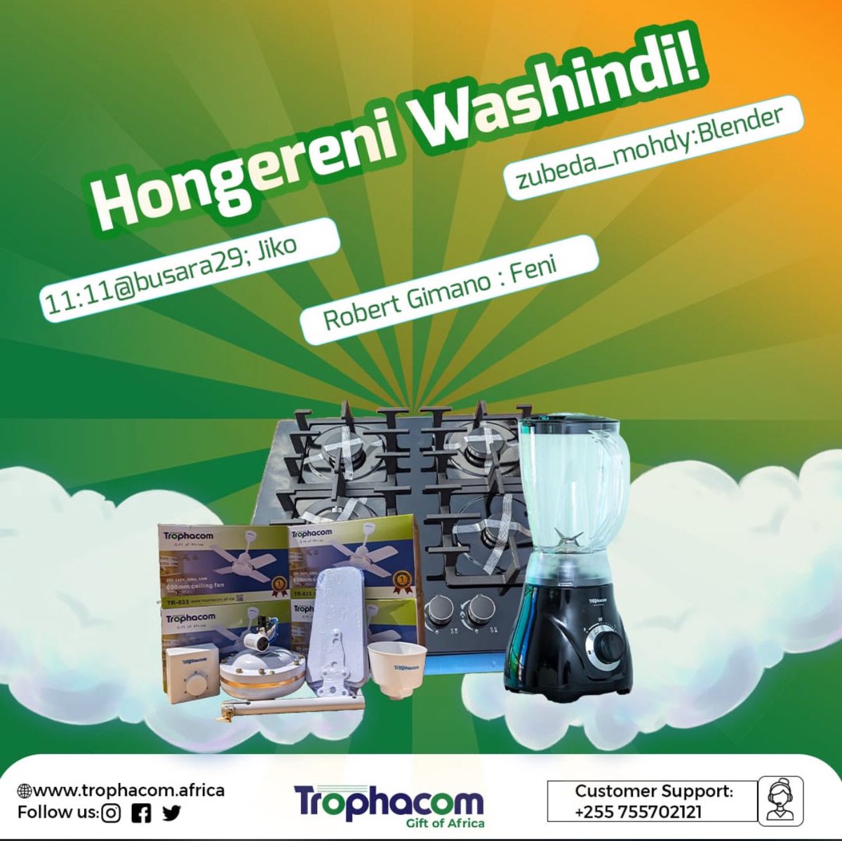Hongera @busara29 kwa kujishindia jiko bora la <a href="/Trophacom/">Trophacom</a>. 

Tafadhali wasiliana nasi kwa utaratibu za kupatiwa zawadi yako.