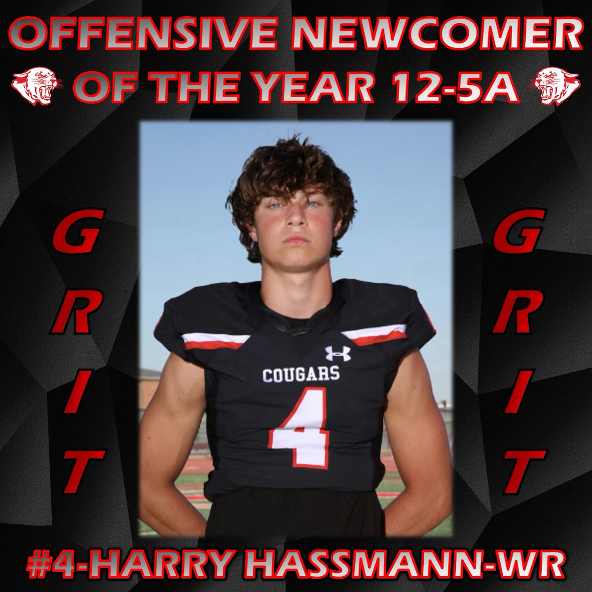 Congratulations to our Coogs who made the very talented District 12-5A All-District Football Team‼️ Junior WR, Harry Hassmann, earned the 12-5A Offensive Newcomer of the Year Award‼️

#GRIT🔴🐾