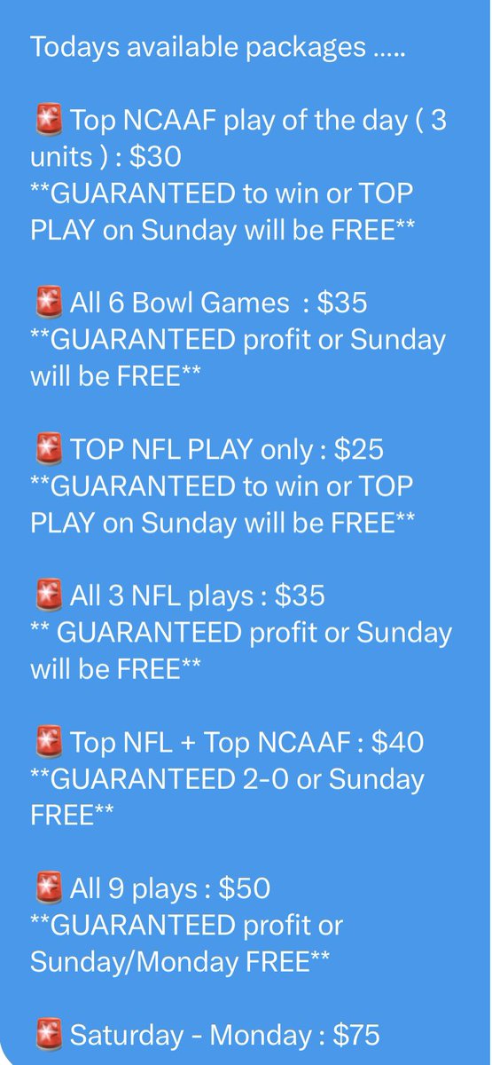 JFirestoneMPSC's tweet image. #BowlSeason #CollegeFootball #CFBPlayoff #GamblingTwitter #Footballpicks #Sportsbetting #NCAAF  #NFL #NFLPicks #NFLTwitter #NFLSaturday 

BIG BIG DAY!! Kickoff in less than 2 hours. 

College Football + NFL 

Plenty of packages for EVERYONE! DM us now and win BIG with us TODAY 💰