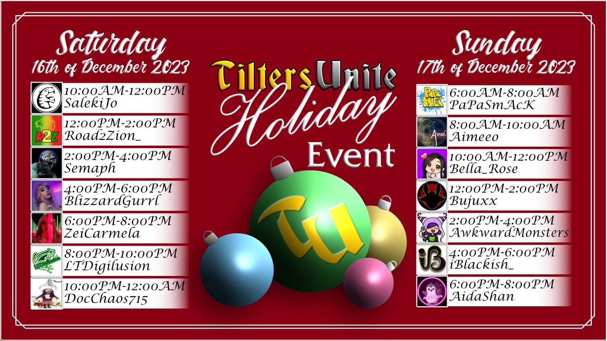 TiltersUnite's tweet photo. Join the awesome @papa_smack for their segment of TU's Holiday Event at 6am ET! Be sure to get in there to see this amazing tilter and show them your support!
https://t.co/CpCkomgIcK
#TiltersUnite #TUHoliday #MarblesonStream #Tilter https://t.co/KC0pBS20mq