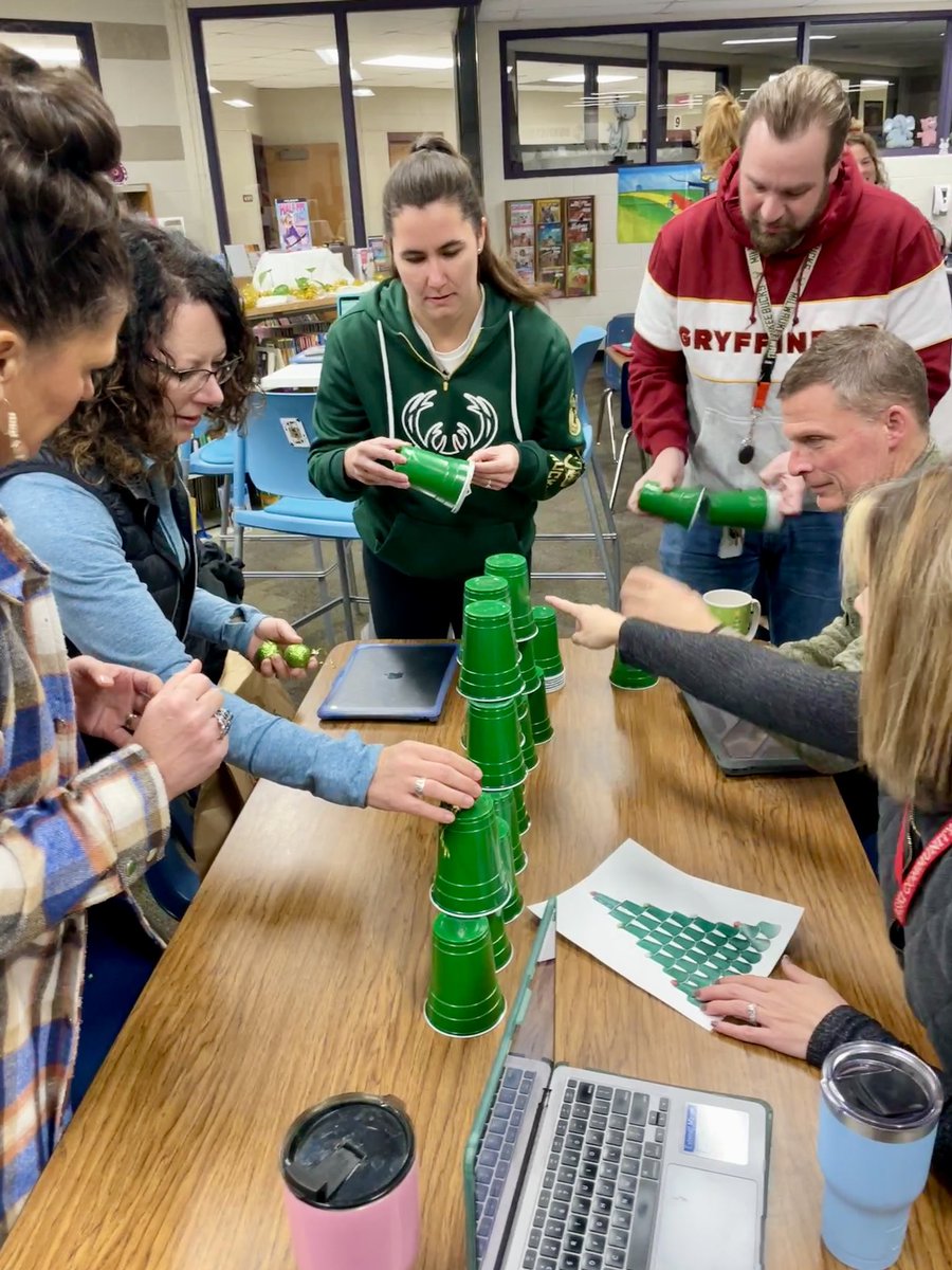 smalchow's tweet image. A fun #BreakfastBytes tech mtg this month! We started w/ a friendly 🎄Christmas Tree🎄 cup game STEM challenge then on to Tips, Tricks and Tidbits. 
#RaiderStrong #4Cs #collaboration 

padlet.com/sjmalchow/malc…