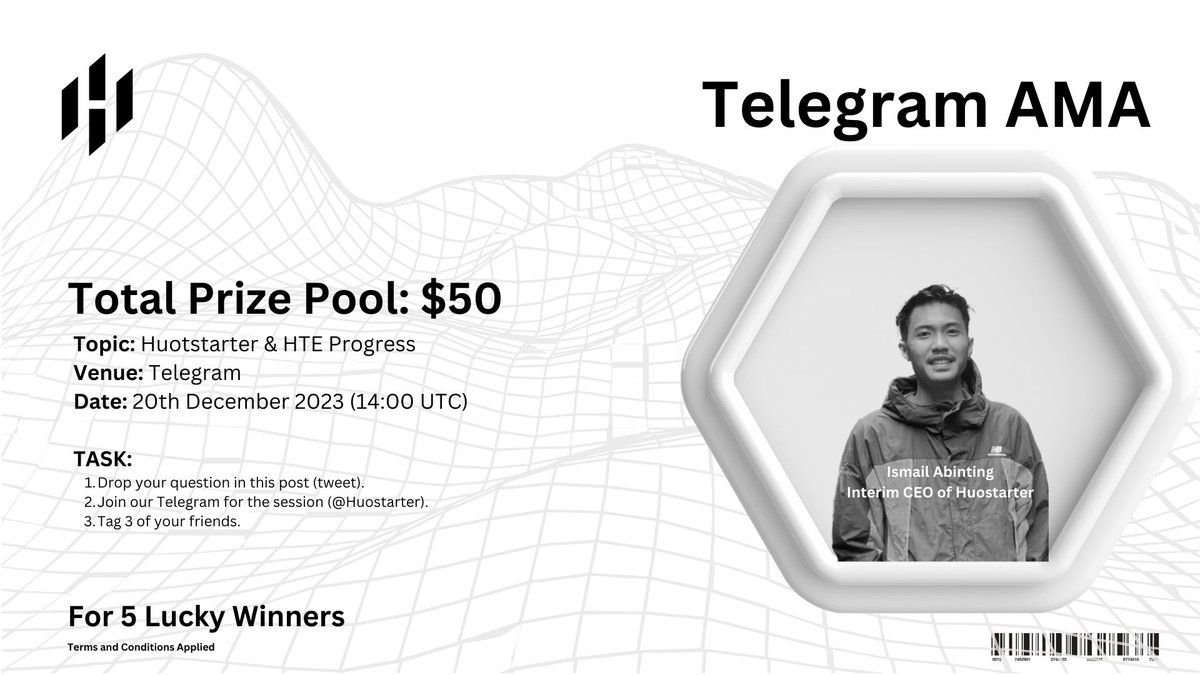 Huostarter's tweet photo. Huostarter AMA! 
 
$50 for 5 Lucky Winners! 🏆 

Topic: Huostarter & $HTE Progress  
Venue: https://t.co/uPxWidCz5y
Date: 20th December 2023    

The winners will be announced in this post thread. #Huostarter