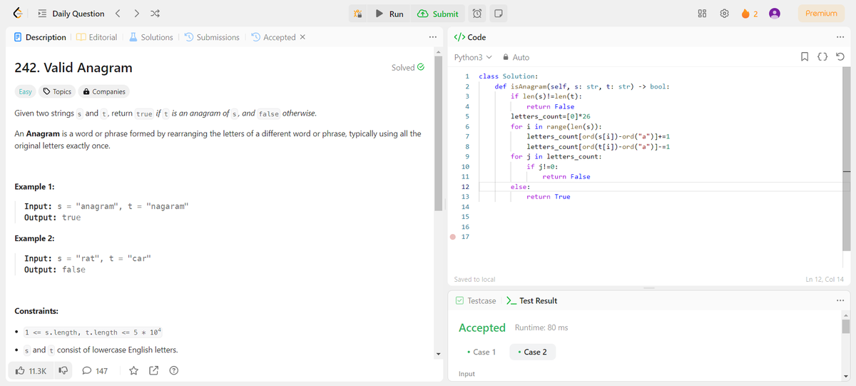kshitiz_vardhan's tweet photo. #Day90 of #100daysofcode 

• Solved daily question problem on @LeetCode
- 242. Valid Anagram

#100daysofcodeatChitkara #techtwitter 
#LearnInPublic https://t.co/ybOG6Qf1g6