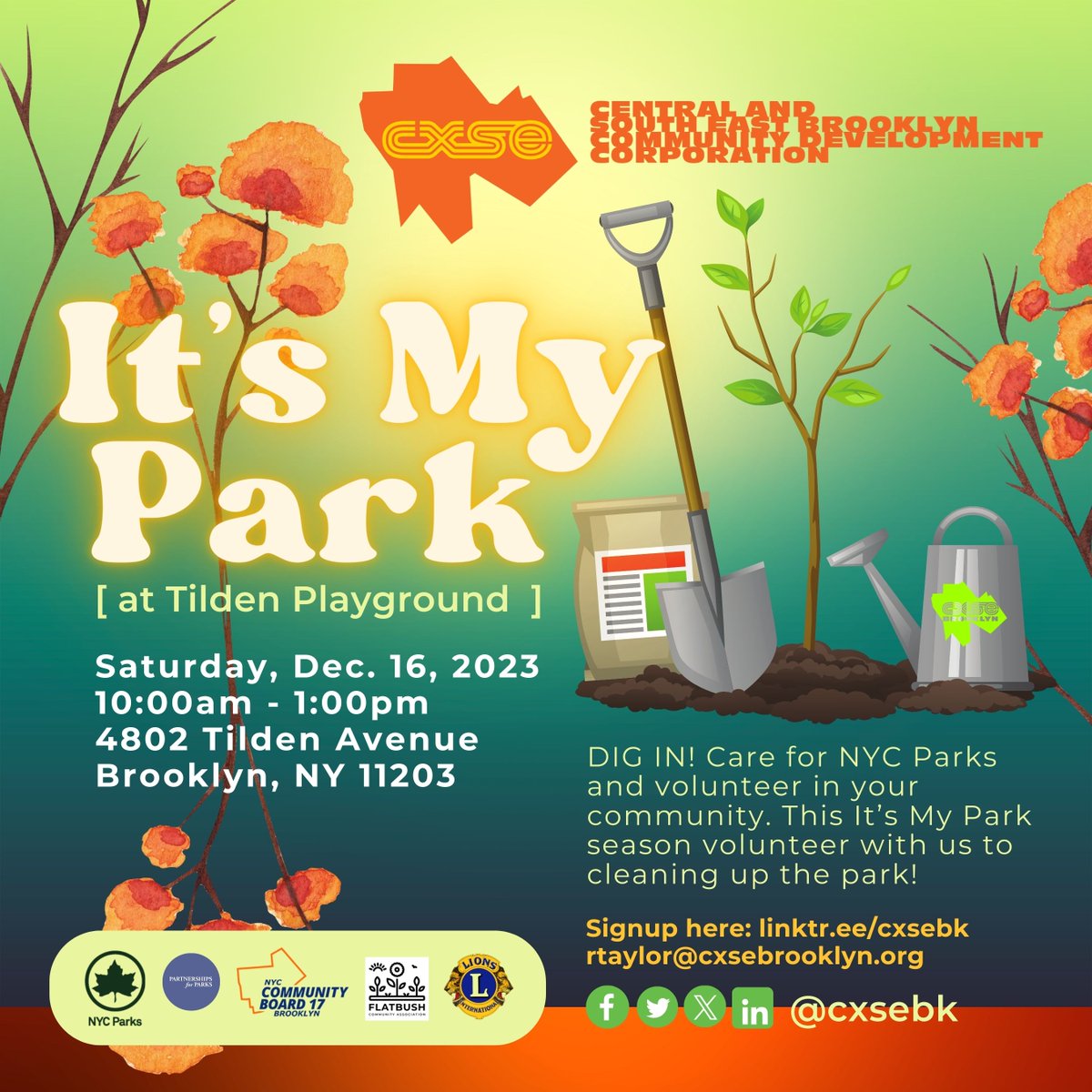 See you soon! This #ItsMyPark season, volunteer with us to clean up the park! Meet us at Tilden Playground 4802 Tilden Ave, Brooklyn, NY 11203 10:00 AM - 1:00 PM