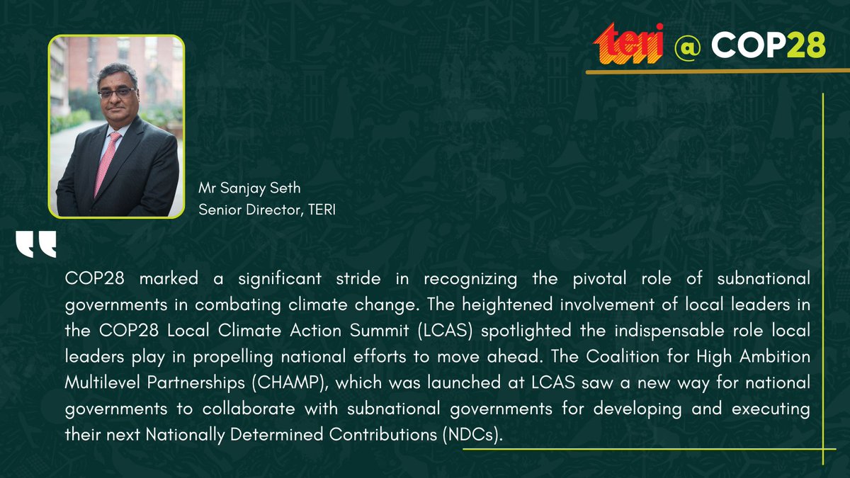 @manishipta @AjaiMalhotra @ambmanjeevpuri Mr Sanjay Seth, Senior Director, TERI, sharing his view on #COP28 outcomes.

#TERIatCOP28