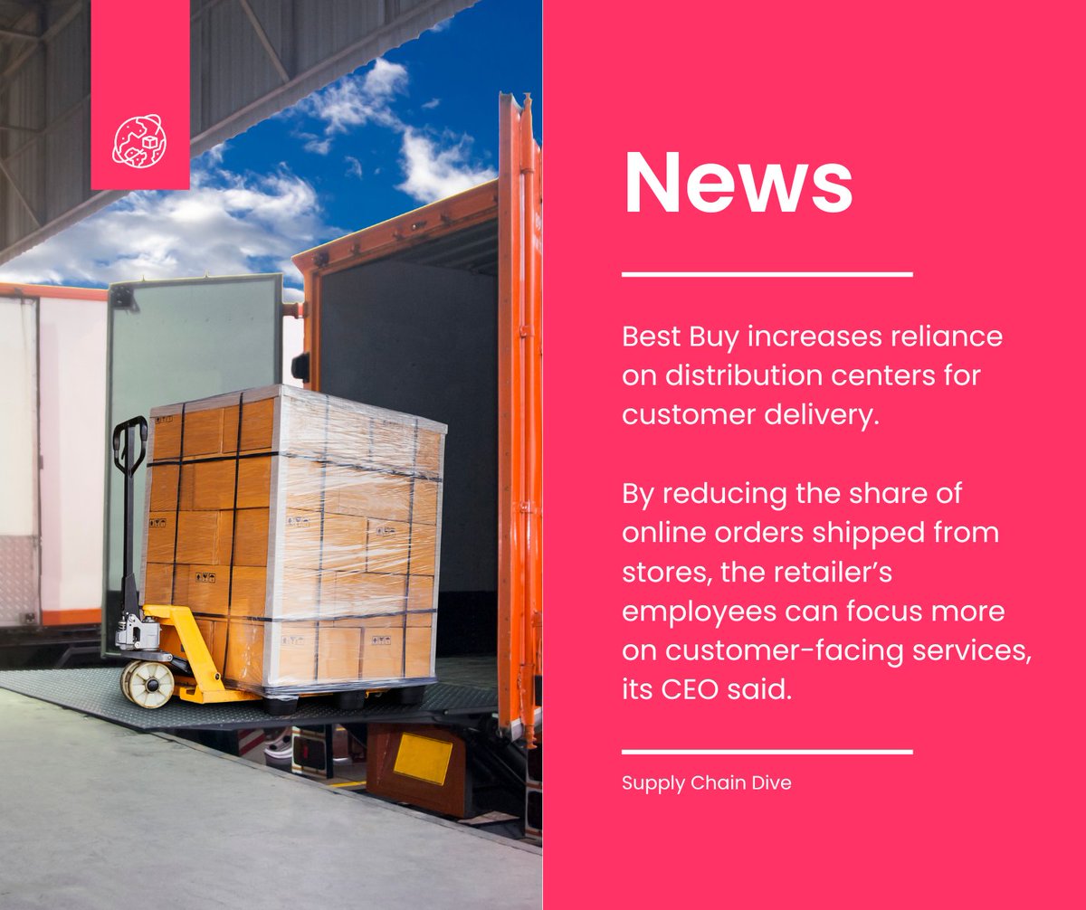 "Best Buy increases reliance on distribution centers for customer delivery.

By reducing the share of online orders shipped from stores, the retailer’s employees can focus more on customer-facing services, its CEO said."

🔗 Read more: supplychaindive.com/news/best-buy-…

#logistics