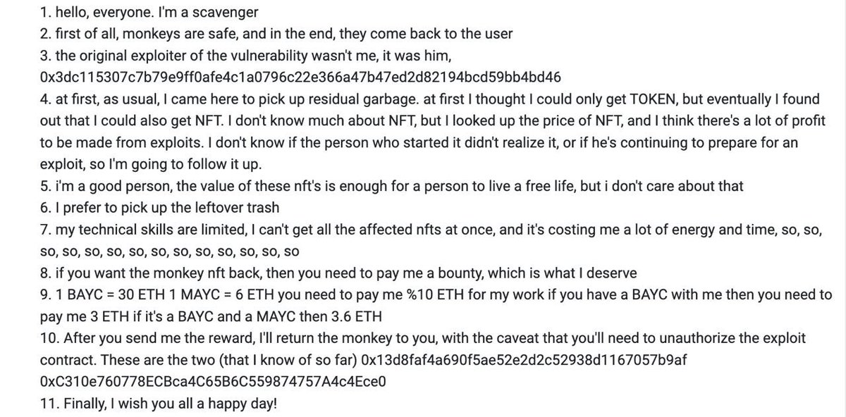 FailSafe (@getfailsafe) on Twitter photo 🚨 SECURITY ALERT 🚨
<a href="/NftTrader/">NFT Trader</a> has been hacked.
37 BAYC and 13 MAYC have been stolen.
The exploiter left an on-chain message demanding a ransom of 3 Ξ per BAYC and 0.6 Ξ per MAYC.
Revoke approvals to the compromised contract on your FailSafe dashboard! 🚨 SECURITY ALERT 🚨
<a href="/NftTrader/">NFT Trader</a> has been hacked.
37 BAYC and 13 MAYC have been stolen.
The exploiter left an on-chain message demanding a ransom of 3 Ξ per BAYC and 0.6 Ξ per MAYC.
Revoke approvals to the compromised contract on your FailSafe dashboard!