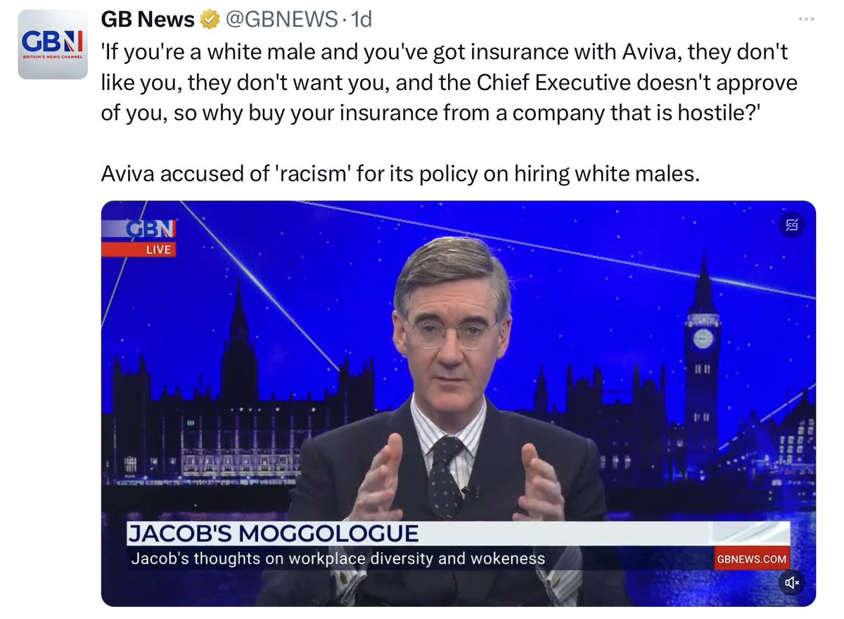 So now we have a multimillionaire, serving Tory MP (and former minister) using a far-right TV channel to launching a boycott of a major UK insurance company (18 million customers) by claiming racial discrimination against white men. 🤔🤷🏻‍♂️ #JacobSleazeMorgue