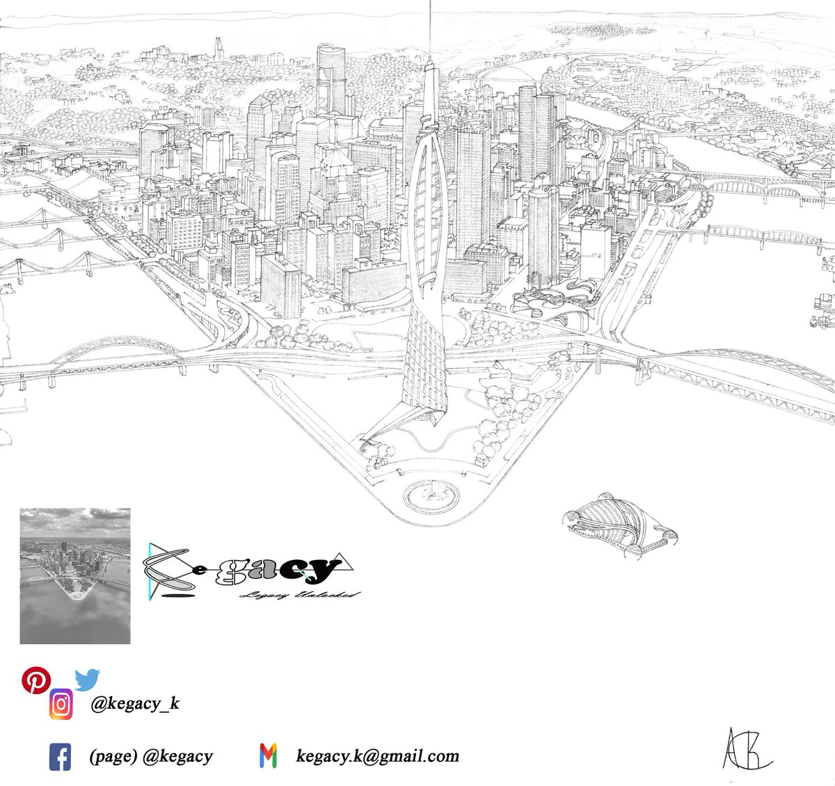Kegacy_K's tweet photo. Bringing the concept tower [3rd design] into reality (*Tower description stated in previous posts). Placing the tower into an already existing environment, with a few changes. Skeleton drawing (*1st phase before the shading). #Pittsburghskyline #Views #Leadpencildrawing https://t.co/mgcrt5BPUI