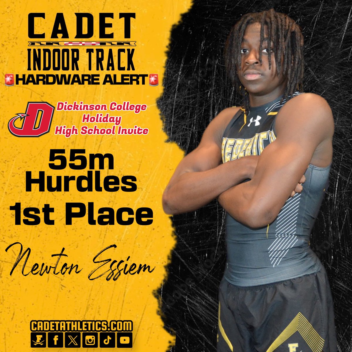 ⚡️Cadetathletics.com Breaking News 
🥇🚨HARDWARE ALERT🚨🥇

Frederick High senior Newton Essiem wins the 55m hurdles at The Dickinson College High School Invite with a time of 7.96

⚔️ | #BigFred | ⬛️🟨 | #ProtectTheParkway