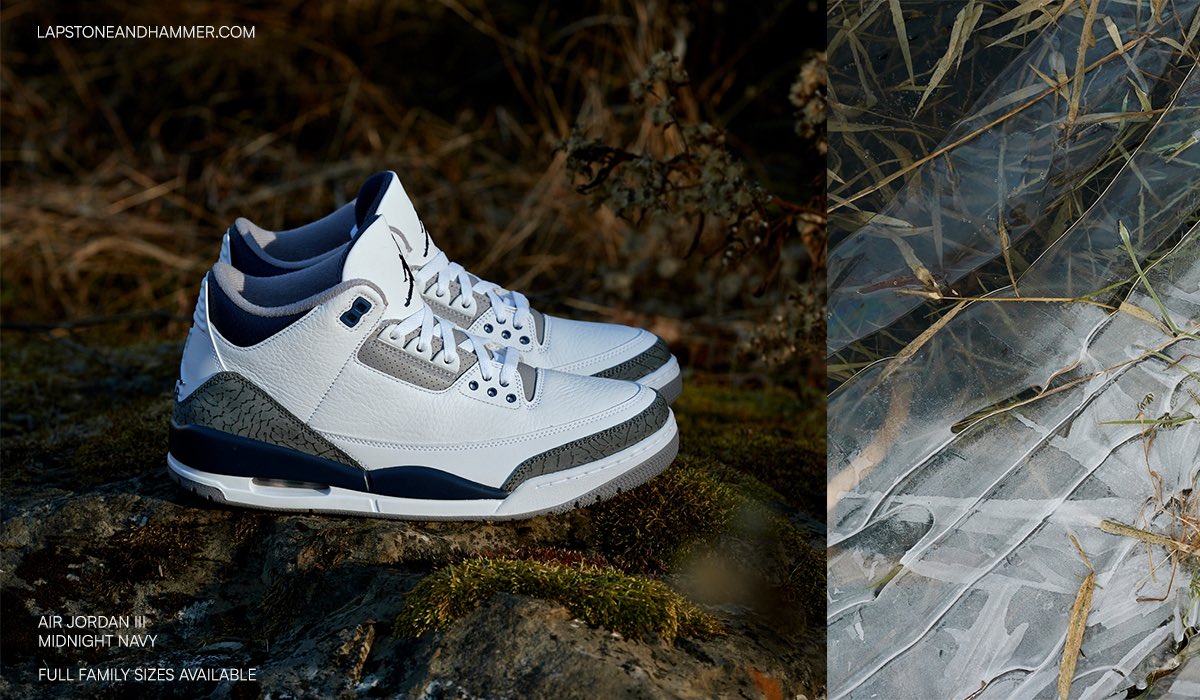 AIR JORDAN 3 RETRO 'MIDNIGHT NAVY' Available now both in-store & online in full family sizing. Shop here - lapstoneandhammer.com/collections/ne… Men’s sizes: 7.5-15 ($200). GS sizes: 4-7 ($150). PS sizes: 11-3 ($90). TD sizes: 2-10 ($75).