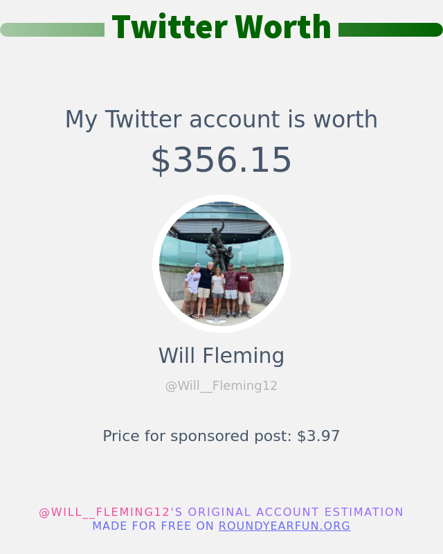 Will__Fleming12's tweet photo. My Twitter worth is: $356.15

➡️ https://t.co/emivpWe9am https://t.co/5o22YdxgIO