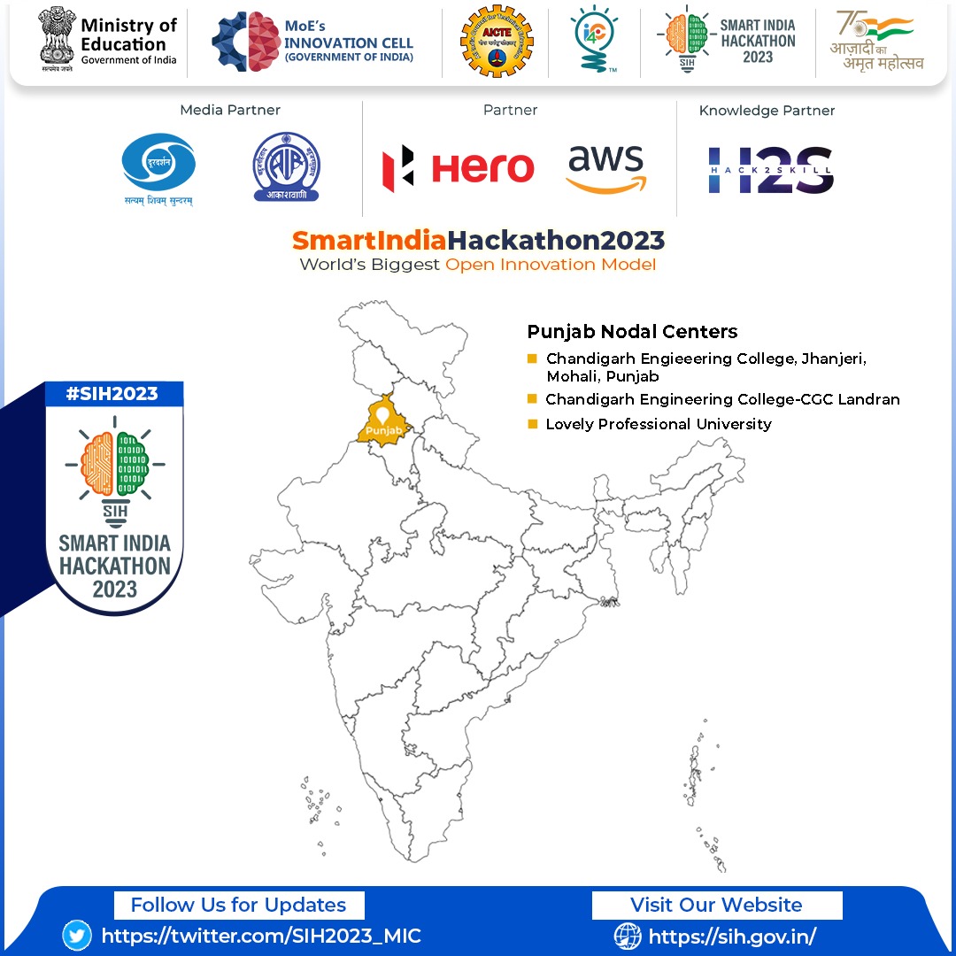 #SmartIndiaHackathon2023: Here is the list of Nodal Centres from Punjab who will be hosting the participants of #SIH2023: ➡️ Chandigarh Engineering College, Jhanjeri (@cgcjhanjeri) ➡️ Chandigarh Engineering College, Landran (@CGCPunjab) ➡️Lovely Professional University…