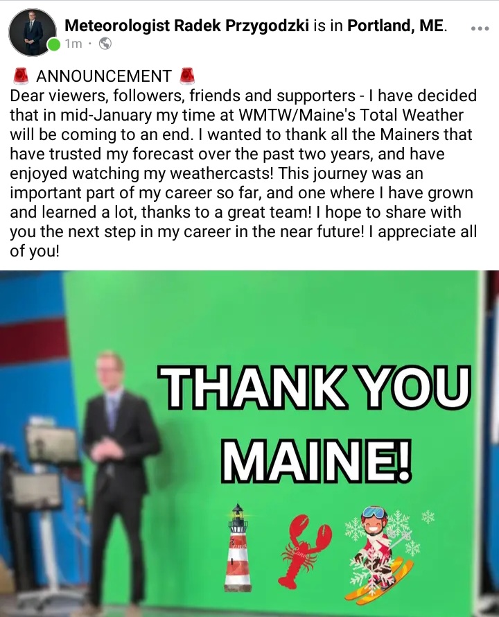 RadektheWxman's tweet photo. ➡️ Thank you Maine! ⬅️ I'm still here through mid-January, but wanted to share this with you! #mewx #wmtw https://t.co/rbkoirLduc