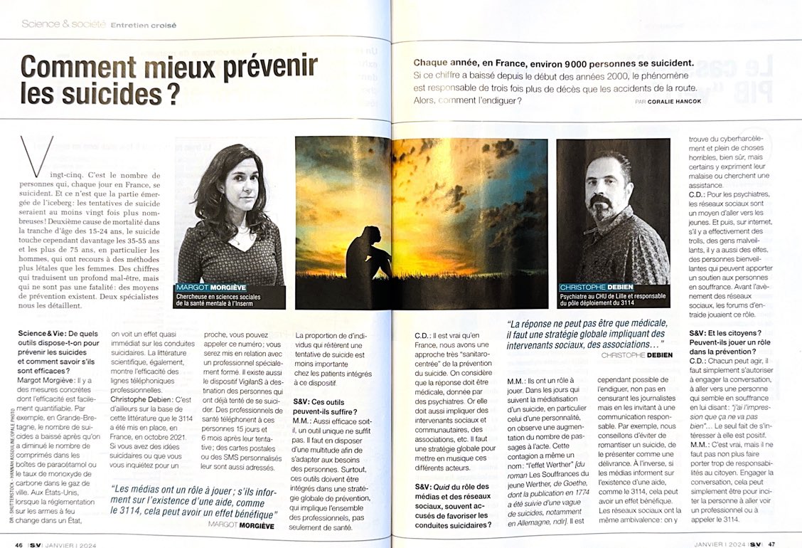 Bertrand Lavoisy (@blavoisy) on Twitter photo S&Vie janvier 2024, Comment mieux prévenir les suicides, entretien croisé . Face à l’effet Werther décrit par M.M, important de nommer l’effet Papageno à retrouver sur <a href="/PapagenoSuicide/">Papageno Programme 🎗️</a>. <a href="/MauxBleus_PdS/">Les Maux Bleus, vivre et dire la maladie mentale</a> <a href="/chris_debien/">Chris Debien</a> <a href="/3114_appel/">𝟯𝟭𝟭𝟰</a> S&Vie janvier 2024, Comment mieux prévenir les suicides, entretien croisé . Face à l’effet Werther décrit par M.M, important de nommer l’effet Papageno à retrouver sur <a href="/PapagenoSuicide/">Papageno Programme 🎗️</a>. <a href="/MauxBleus_PdS/">Les Maux Bleus, vivre et dire la maladie mentale</a> <a href="/chris_debien/">Chris Debien</a> <a href="/3114_appel/">𝟯𝟭𝟭𝟰</a>