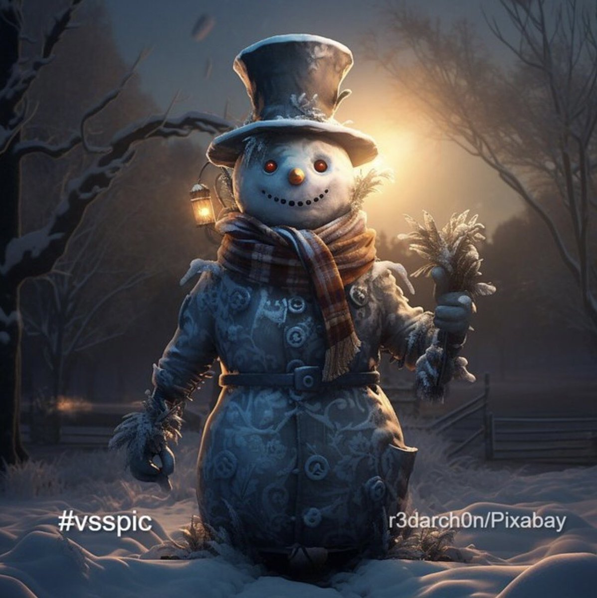 Snowman in a
Tailored suit,
Cranberry eyes aglow,
Elegance tapped
In winter's soft glow.
Gifts of wheat, a
Life gracefully displayed,
A frosty gentleman,
In the holiday charade...

#vsspic