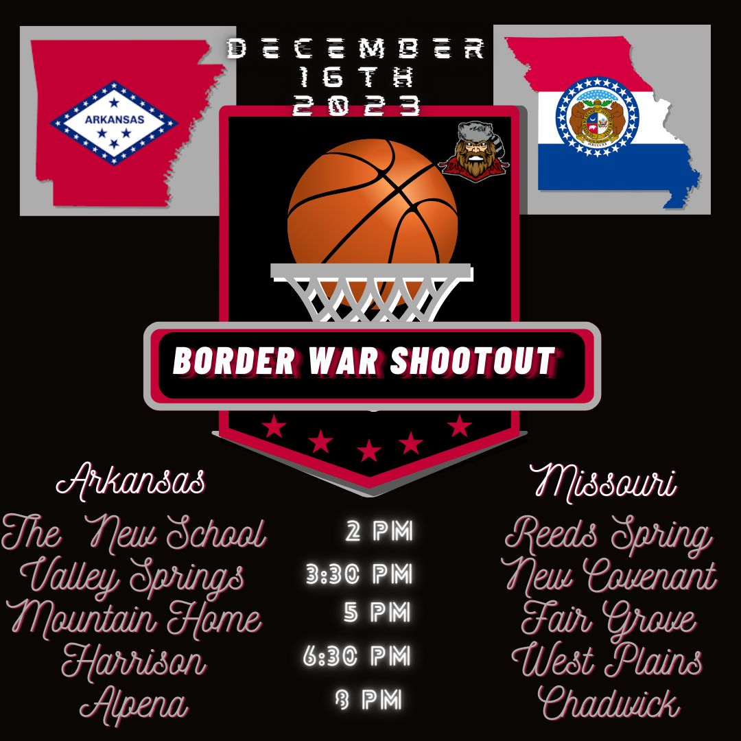 Today is the day for the 8th Annual Border War Shootout at the Pioneer Pavilion! The New School vs Reeds Spring at 2 PM Valley Springs vs New Covenant at 3:30 PM Mountain Home vs Fair Grove at 5 PM Harrison vs West Plains at 6:30 And lastly Alpena vs Chadwick at 8 PM