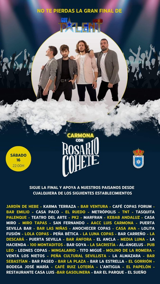 psoecarmona's tweet photo. No te pierdas esta noche  la final de Got Talent. Apoyemos y deseemos toda la suerte a Rosario Cohete.
#TalentoCarmona
#RosarioCohete https://t.co/l95OBMsOZm