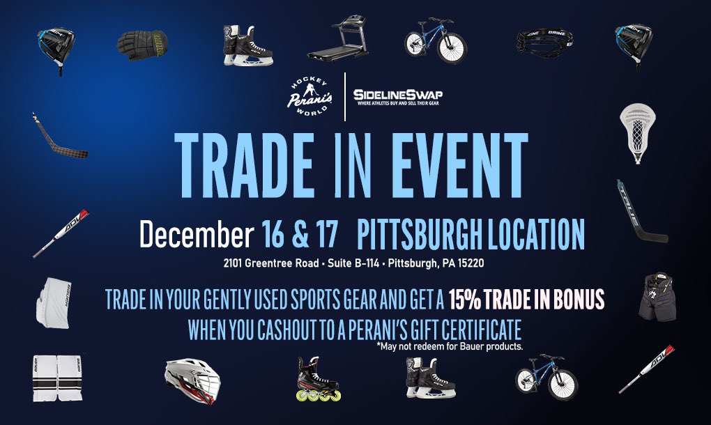 hockeyworld's tweet image. Here we go... We have another sideline swap trade-in event, December 16th and 17th  at our Pittsburgh location! #ToyStoreForHockeyPlayer #SidelineSwap