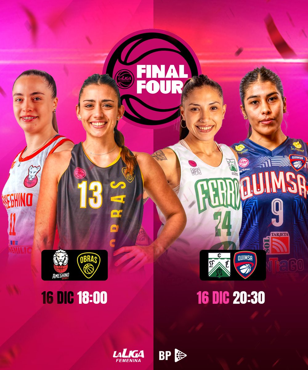 Esta tarde comienza la Final 4 de la <a href="/LFBArgentina/">La Liga Femenina</a>:
18:00 <a href="/AmeghinoOficial/">Club Florentino Ameghino</a> vs <a href="/ObrasBasket/">Obras Basket</a> 
20:30 <a href="/ferrobasquetok/">Ferro Carril Oeste Basquet</a> vs <a href="/AAQuimsa/">AA QUIMSA</a> 
Todos los partidos los vas a poder ver por @basquetpasstv con un gran equipo: 
<a href="/ezedinaro/">EzE #5 🏀</a> <a href="/osoresmauro/">Mauro Osores</a> <a href="/soyjuliesposito/">Julieta Espósito</a> <a href="/FlorCordero/">Florencia Cordero</a> 
#LigaFemenina