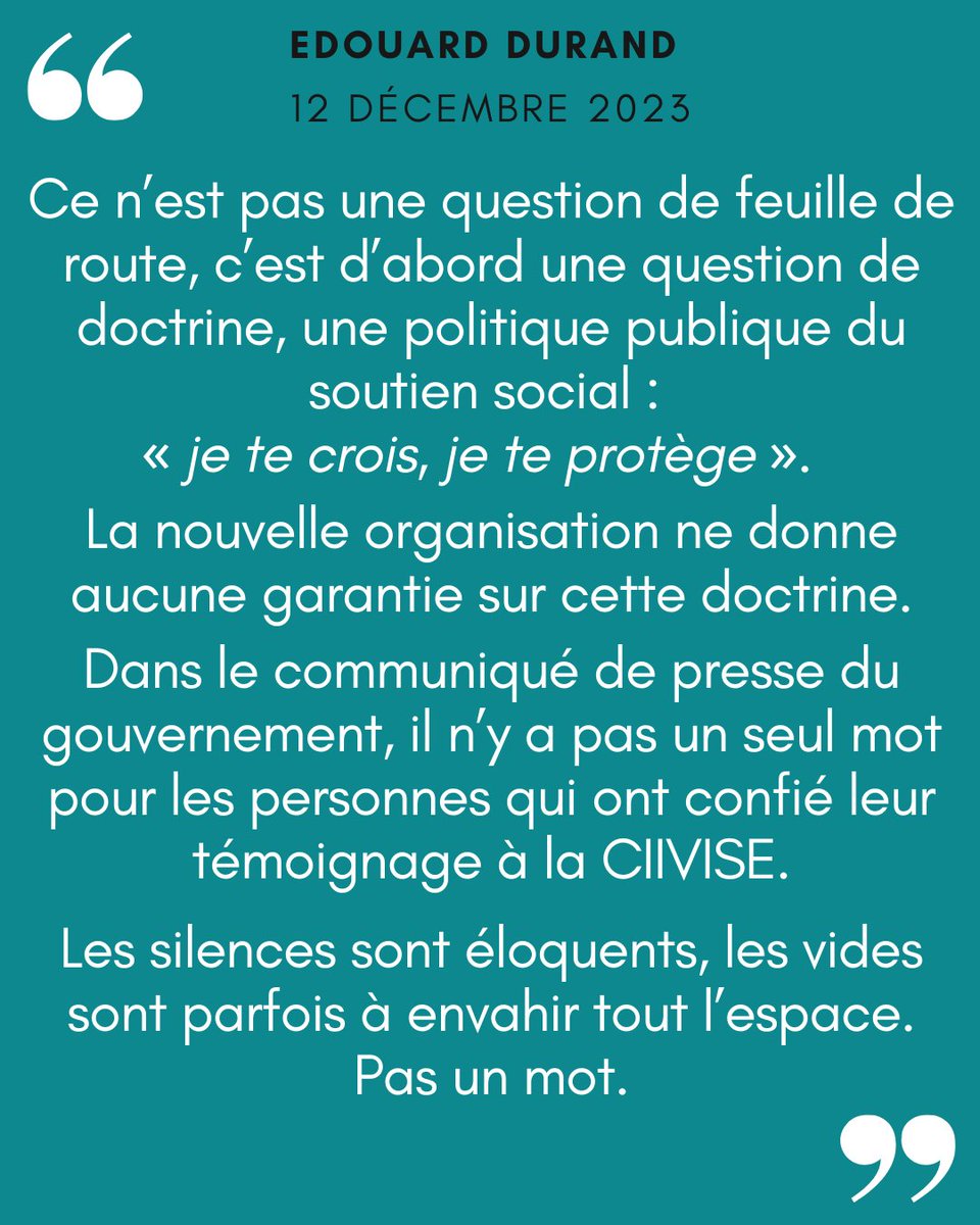 🔶 "Ce n’est pas une question de feuille de route, c’est d’abord une question de doctrine, une politique publique du soutien social : « je te crois, je te protège ». La nouvelle organisation ne donne aucune garantie sur cette doctrine."
<a href="/JugeDurand/">Edouard Durand</a> 12.12.23
6️⃣
#MeTooInceste