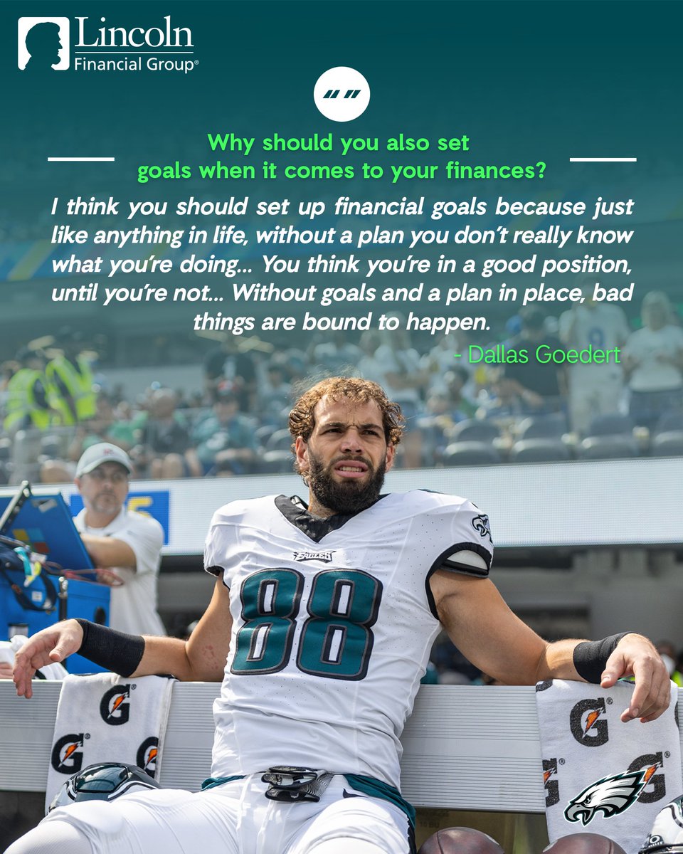 Eagles's tweet photo. .@goedert33 has a goal every time he steps on the field, and a goal for his finances when he's off the field. Start your financial goal planning with resources from @lincolnfingroup. 

https://t.co/cnK4HzM7Cy https://t.co/uaPPwyXAno