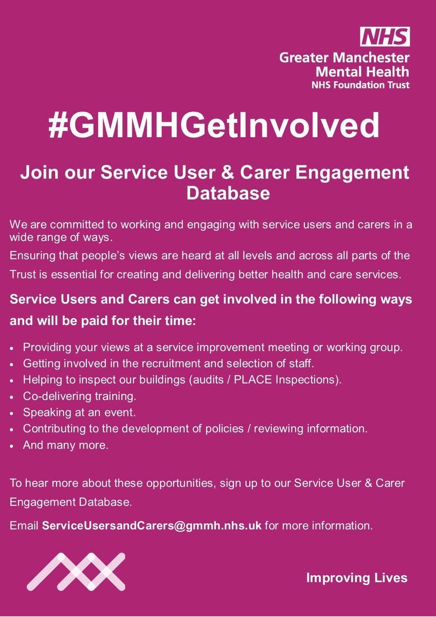 Join our Service User & Carer Engagement Database! You can get involved in the following ways, and will be paid for your time: 💬 Provide your views at a service improvement meeting 🗣️ Get involved in the recruitment of staff 📊 Co-deliver training 👇 Find out more below.