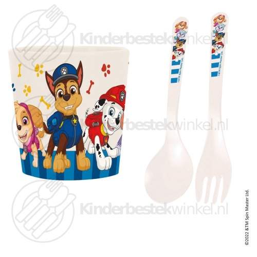 kinderbestek's tweet photo. Paw Patrol kinderbeker bestek set met vork en lepel van Koziol in kartonnen geschenkverpakking. Leuk te combineren met het oefenbord met vakjes en dobbelsteen. Zie: https://t.co/jYgvwBAVq8 https://t.co/JLhtWdxyX2
