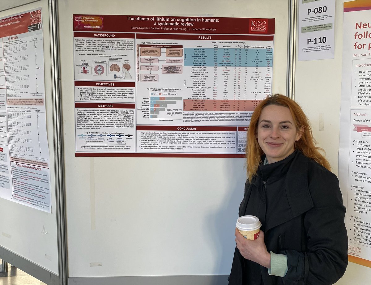 KCL CfAD (@kclcfad) on Twitter photo A poster from Dr. Rebecca Strawbridge <a href="/Strawbr1/">Becci Strawbridge</a> (who is receiving a career award at this very conference)
This poster presents —>
“The effects of lithium on cognition in humans: a systematic review”
Other authors: Talitha Najmillah Sabtiari, Professor Allan Young
#ISAD2023 A poster from Dr. Rebecca Strawbridge <a href="/Strawbr1/">Becci Strawbridge</a> (who is receiving a career award at this very conference)
This poster presents —>
“The effects of lithium on cognition in humans: a systematic review”
Other authors: Talitha Najmillah Sabtiari, Professor Allan Young
#ISAD2023