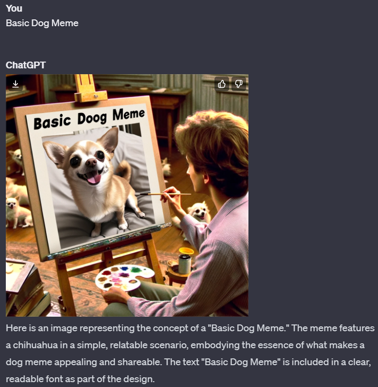 BasicDogMeme's tweet photo. Ok, we're doing one of these.
For every 5 likes I will ask ChatGPT to make the meme more basic.

Trade/Farm $DOG on @aerodromefi (465% APR) https://t.co/lfJFdeVuJc
