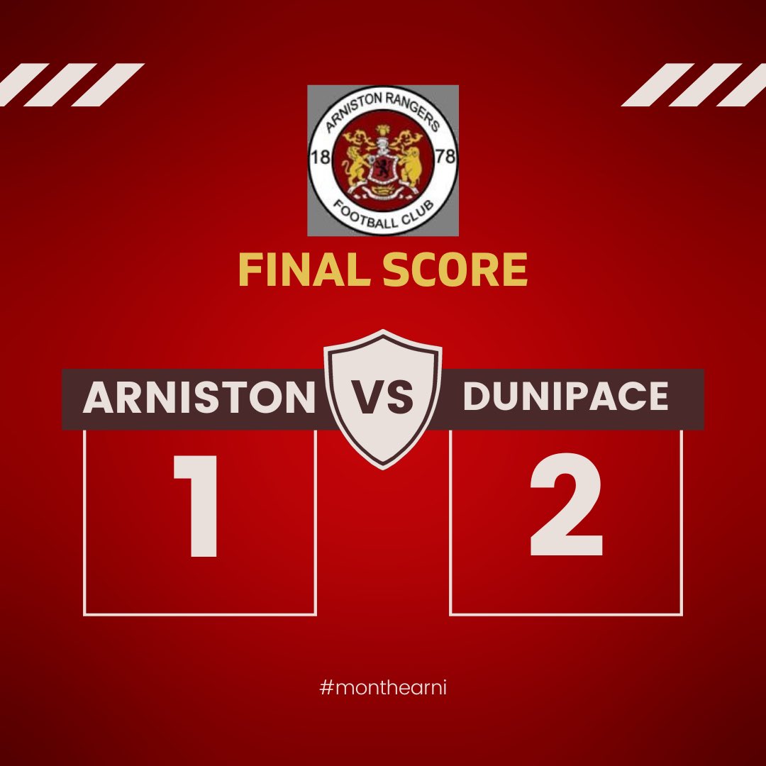 FINAL SCORE @ArnistonRangers 1 @DunipaceFC 2 30’ Dunipace ⚽️ (pen) 55’ Dunipace ⚽️ 66’ T. Davies ⚽️ #monthearni