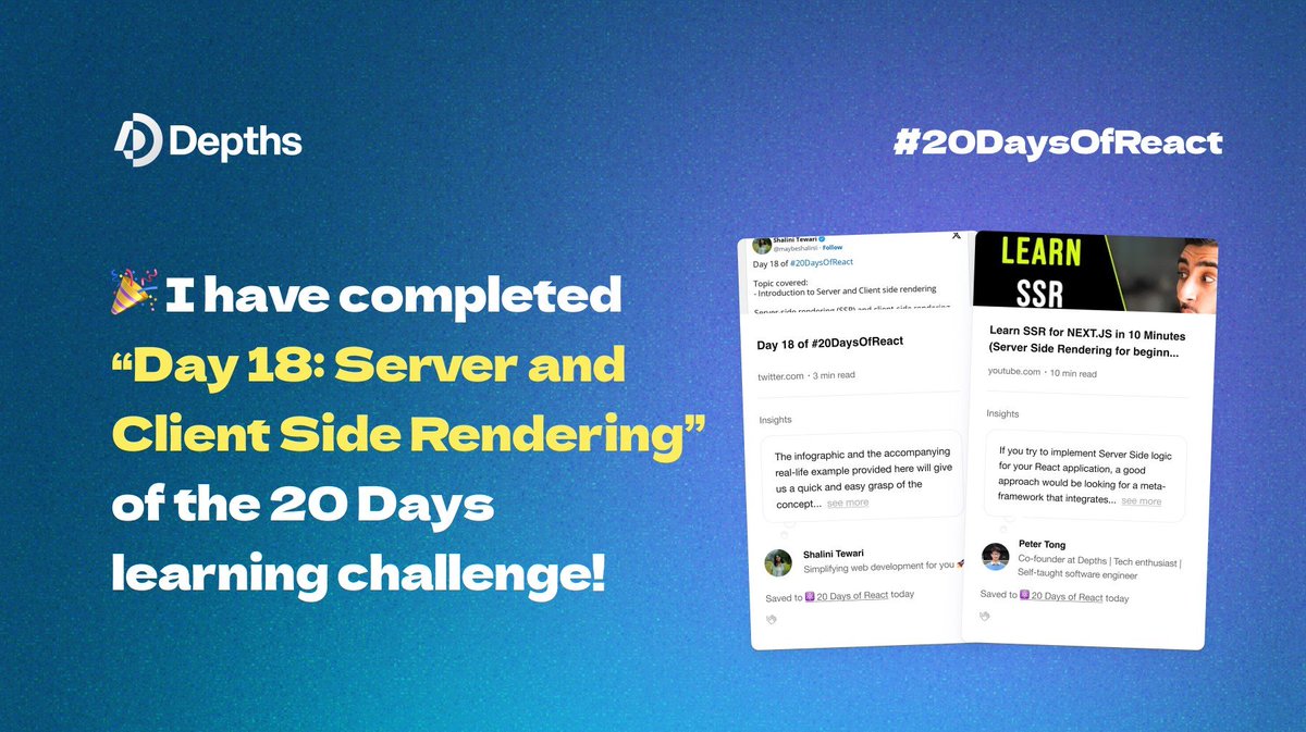 I have completed Day 18: Server and Client Side Rendering of the 20 Days React Learning challenge! 🎉 

Check out the challenge and learn with me together: depths.so/events/20DaysO… 

#20DaysOfReact