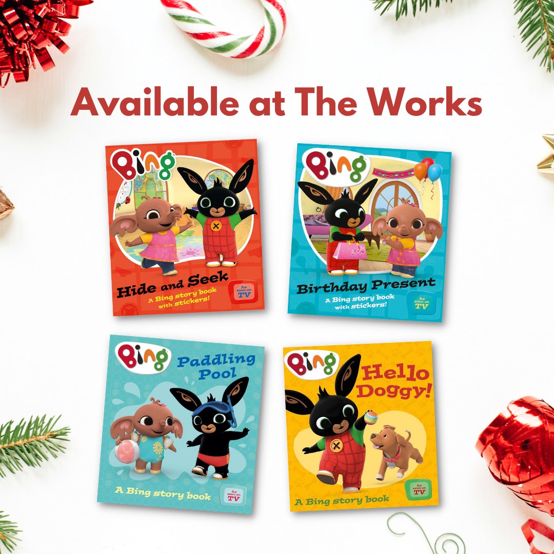 Treats for little Bingsters this Christmas! 💦Paddling Pool 🐰 Hide and Seek 🐶 Hello Doggy 🎁 Birthday Present Shop 10 for £10 picture books including @bingbunny at @TheWorksStores. Online and instore now! ✨