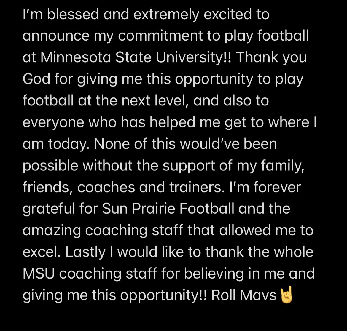 ‼️COMMITTED‼️ @coachkaminski @SunPrairieFB @CoachHenning75 @HoffnerTodd @Ryan_Gregory_ @MJ_NFLDraft @travisWSN @23botter @MinnStFootball