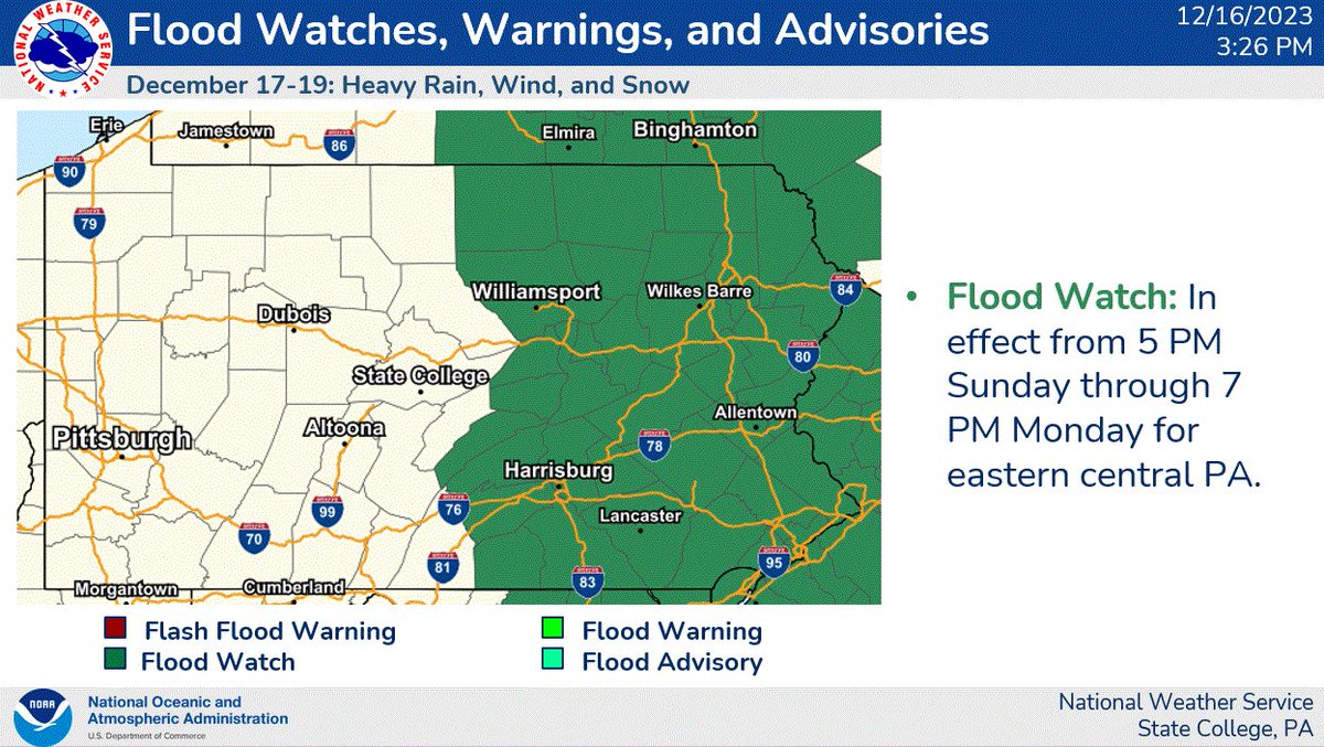 We have issued a Flood Watch in effect from 5 PM Sunday through 7 PM Monday for eastern central Pennsylvania. This is in advance of the heavy rain event that will impact the state tomorrow and is subject to change. #pawx