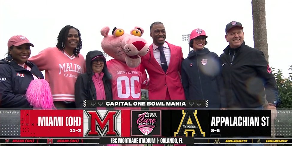 ESPN's @RGIII wore a signature pink suit every Monday Countdown show in Oct. for Breast Cancer Awareness Month and he brought it back today for @CureBowl, a bowl game dedicated to raising money & awareness for cancer research. He, @espnbob & @KrisBudden have the call now on ABC.