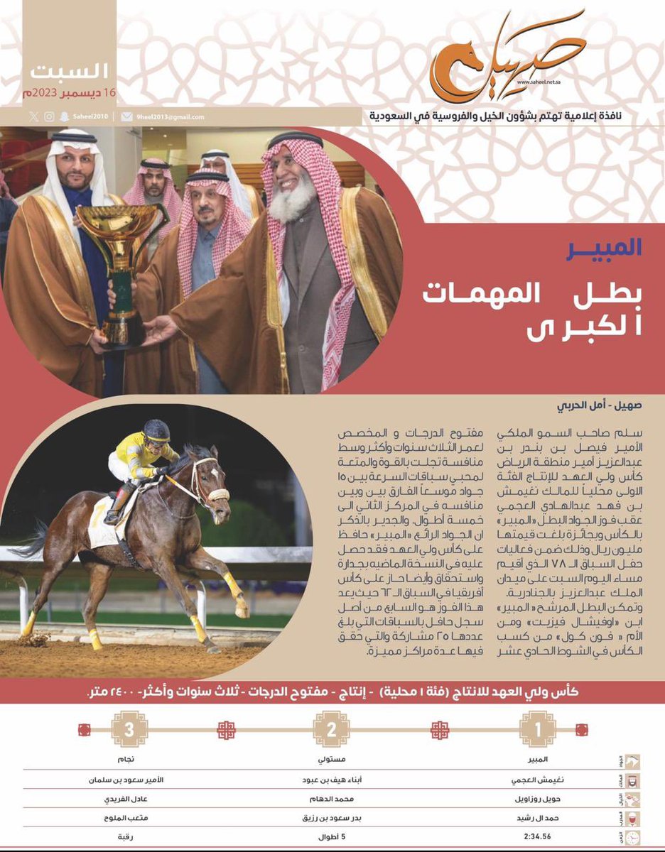 بفضلٍ من الله وتوفيقه تم حصولي على كأس سمو سيدي ولي العهد للمره الثانيه على التوالي
كما تشرفت بتتويجي من صاحب السمو الملكي الأمير فيصل بن بندر  أمير منطقة الرياض
 نيابة عن سمو سيدي ولي العهد الامير محمد بن سلمان حفظه الله .

#كأس_ولي_العهد 
#نادي_سباقات_الخيل