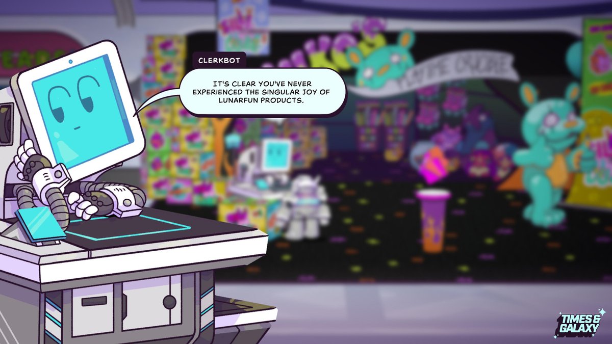 copychaser's tweet image. There are so many weird characters and places in our upcoming video game Times &amp;amp; Galaxy. It's time you start seeing them!

This is #screenshotsaturday!

Today we visit a space mall for the launch of THE hot new toy of the season: the Silly Cube 2.0!