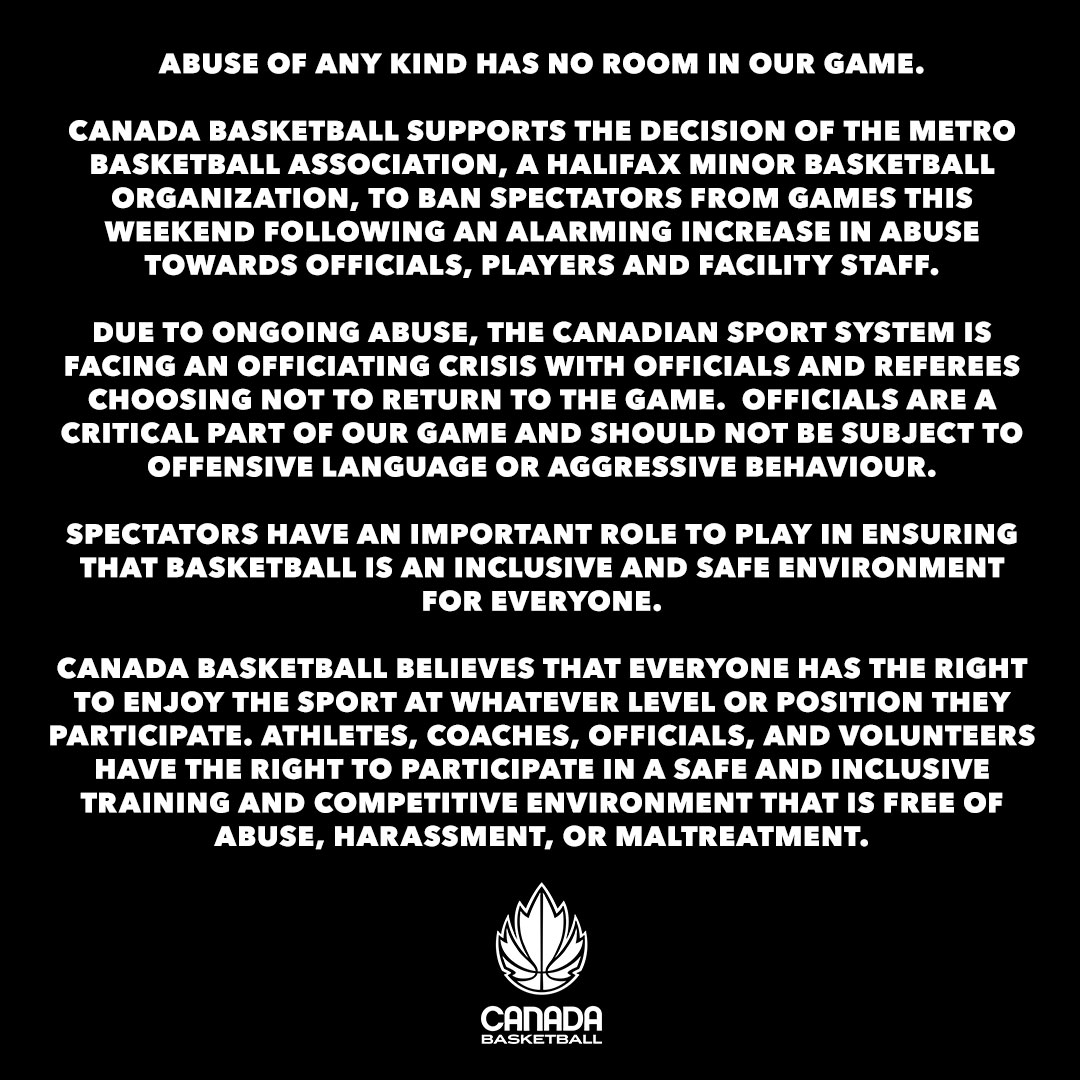Canada Basketball stands with the Metro Basketball Association in their decision to ban spectators from games this weekend.
