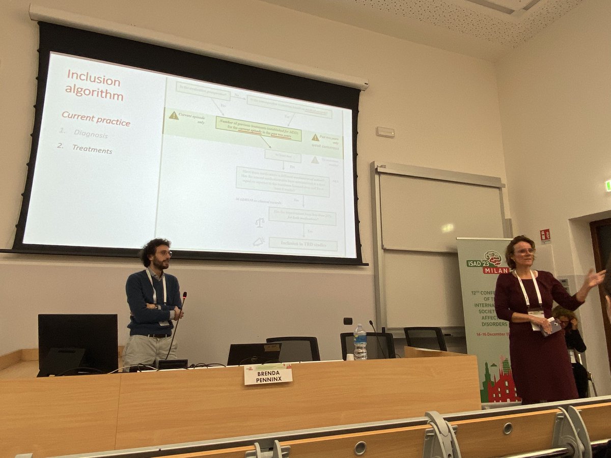 The chair Brenda Penninx @brenda_penninx asks would TRD be better described as ‘medication treatment resistant depression’ @_Luca_Sforzini agrees although highlights how difficult it is to standardise psychotherapy and draw clear conclusions re mean response #ISAD2023