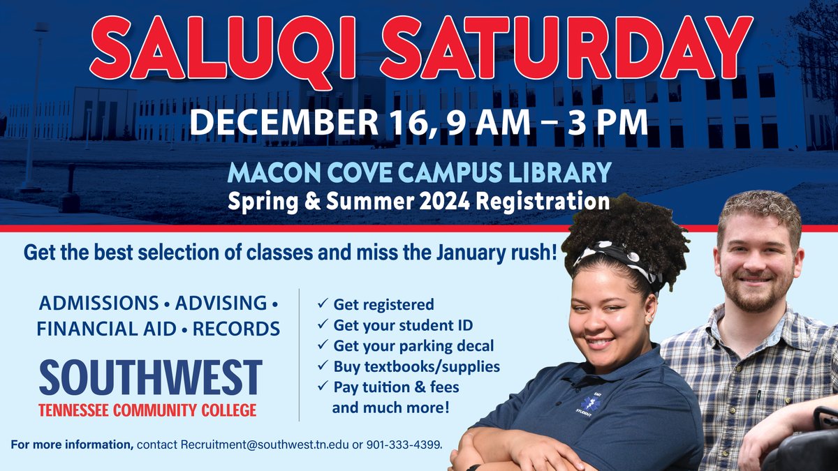 Get Registered for Spring Classes Today!  Drop in any time before 3:00 p.m. at the Macon Cove campus Library.