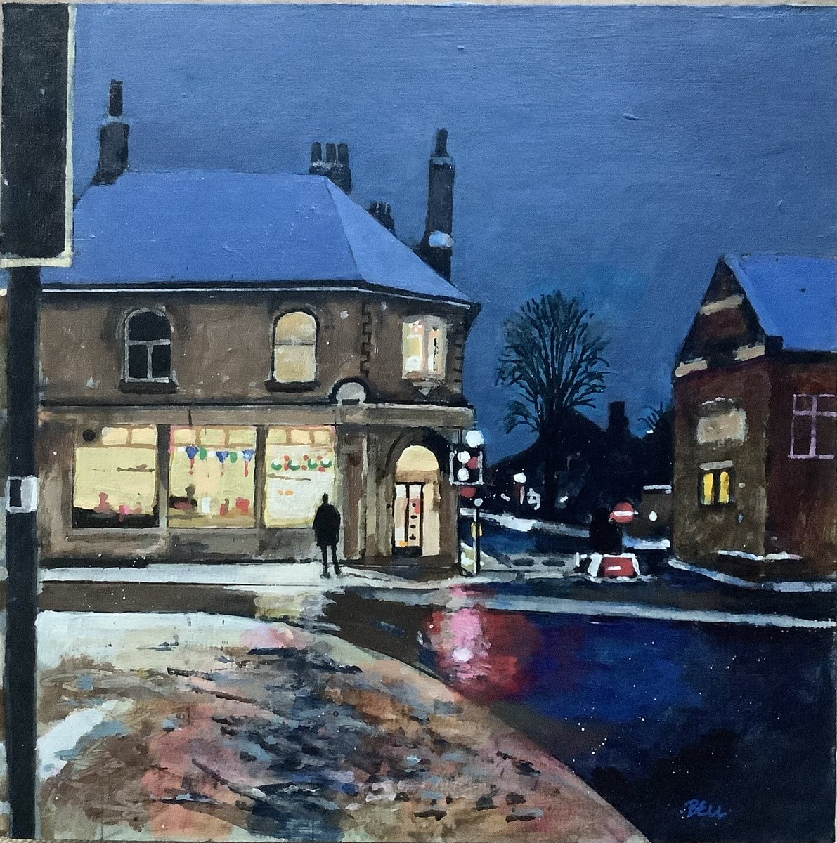 harrybell's tweet image. Christmas Lights
(Acrylic on mountboard, 9x9 in)
This year’s Xmas cards should have arrived at their destinations by now, so I can show the painting here now. Merry Xmas to one and all!