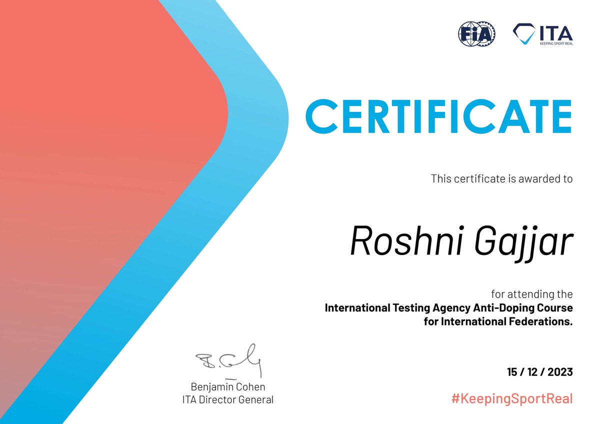 Excited to have successfully completed the ITA Anti-Doping Course for International Federations. Intense but immensely interesting+relevant. Thanks to @IntTestAgency and @fia Sports law/Fair Play/Coaching/Anti doping-Let's Talk #sportslaw #coaching #performance #KeepingSportReal