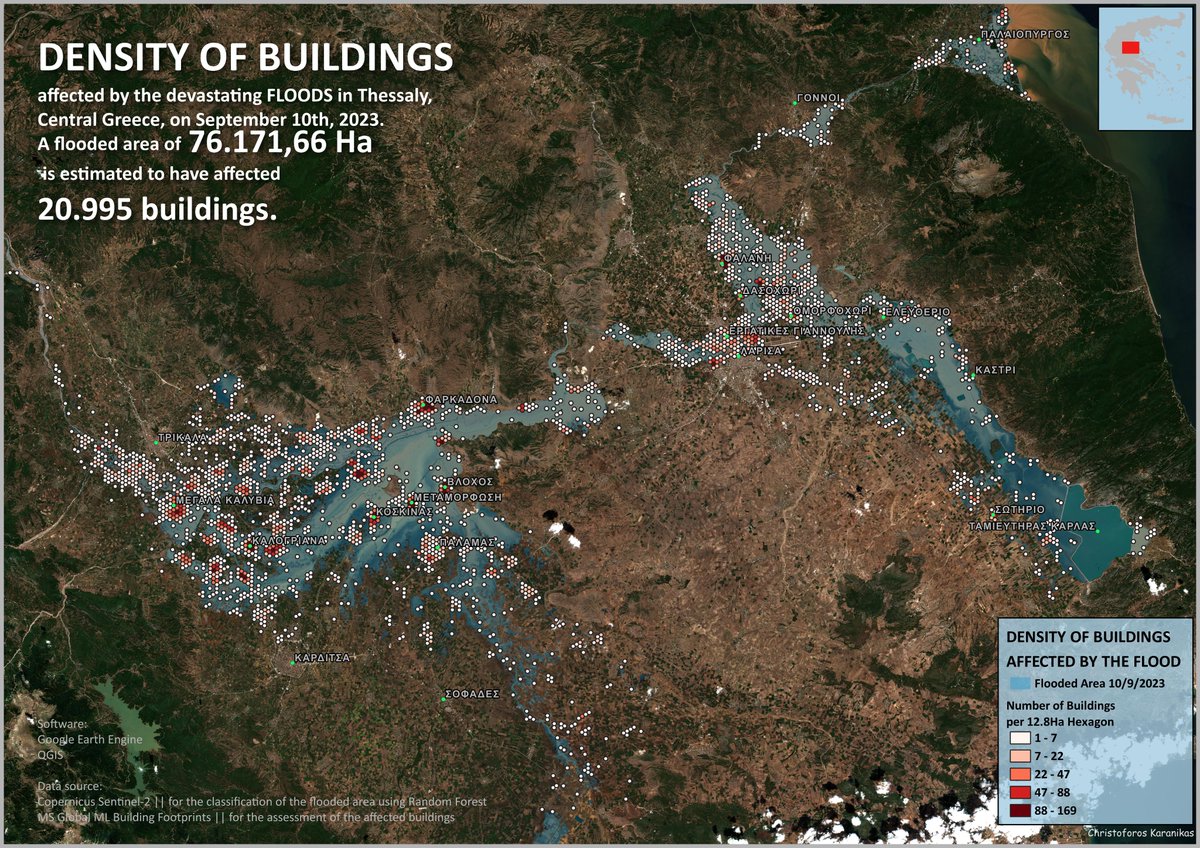 ChristofKar's tweet photo. 20.995: is the number of the buildings affected by the devastating #floods in #Thessaly, C. #Greece, on the 10th of Sept 23. This first assessement was performed in #GEE using #Sentinel-2 imagery, #RandomForest #classification and the #GlobalMLBuildingFootprints. https://t.co/WTQtoDAJB3