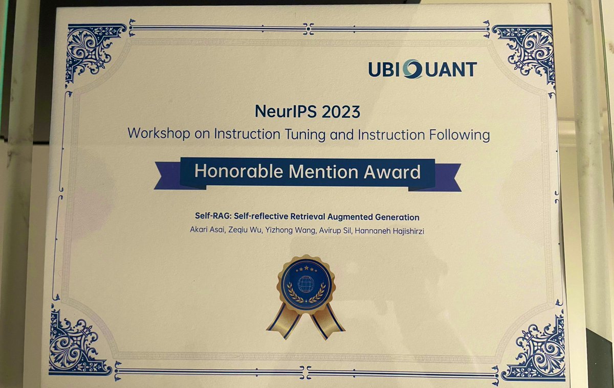 Had a great time at the NeurIPS instruction workshop and we are honored to get the Best paper Honorable Mention Award! Check the details of the paper here: selfrag.github.io