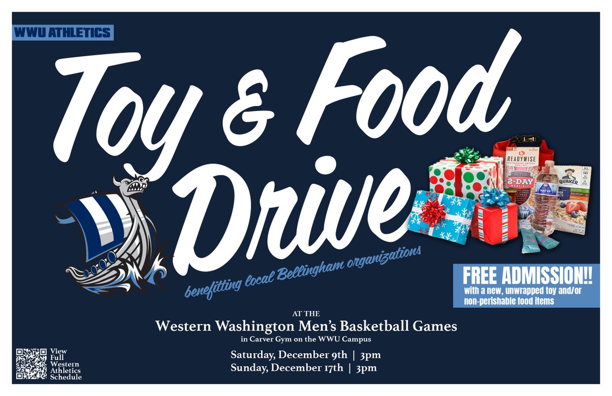 M🏀 | A reminder that fans can gain free admission to Sunday's 3 pm @WWUHoops game by donating a non-perishable food item or unused toy that we can donate for the holidays.